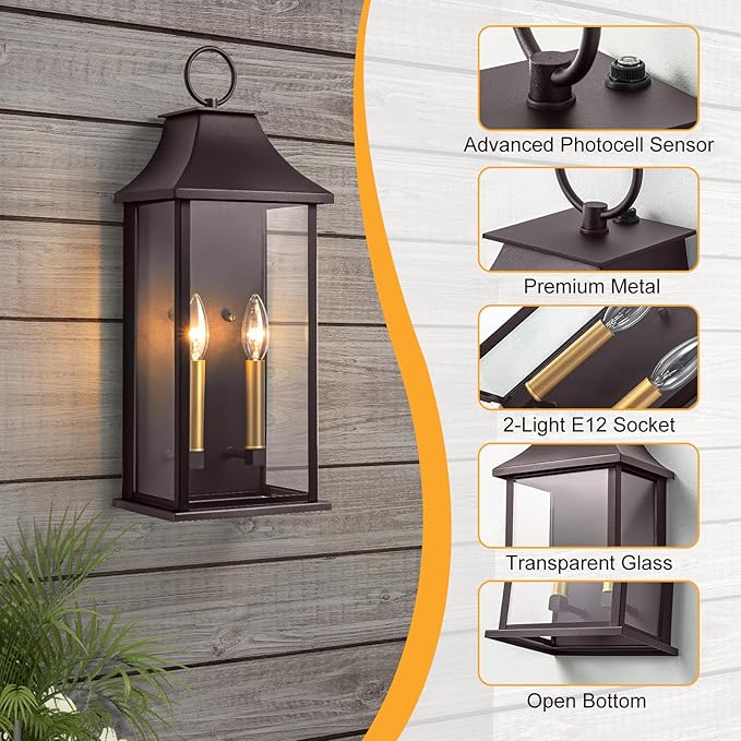 Oil Rubbed Bronze Dusk to Dawn Outdoor Wall Light, 20.6" Large Outside Wall Sconce Light 2-Light, Modern Exterior Wall Lantern with Glass, Waterproof Outdoor Porch Light for House, Porch