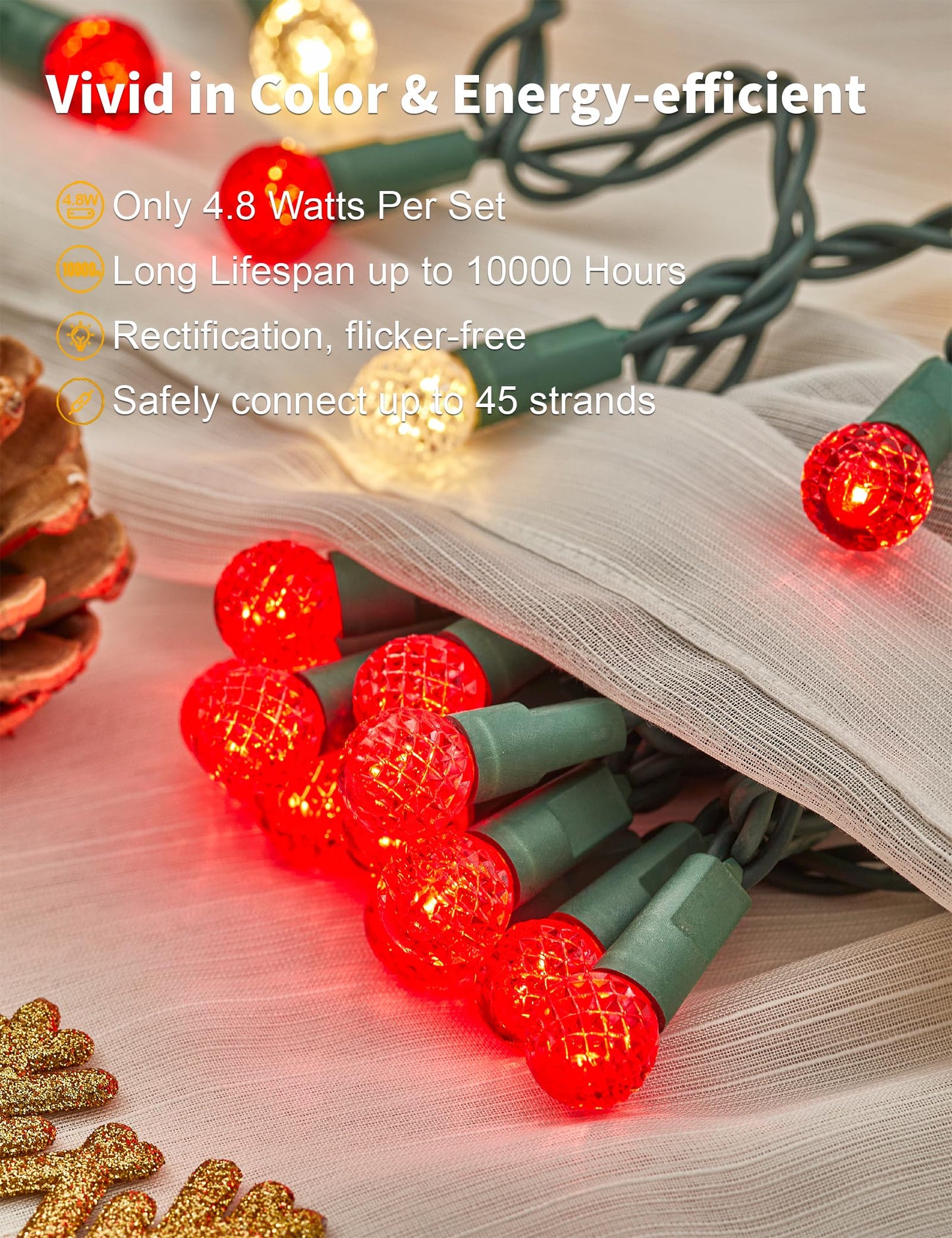 BOHON Christmas Lights 17FT 50 LED Faceted G15 Red and Warm White String Lights Outdoor Plug in Commercial Lighting Grade Tree Decorations for Indoor Xmas Decor, Green Wire, Waterproof