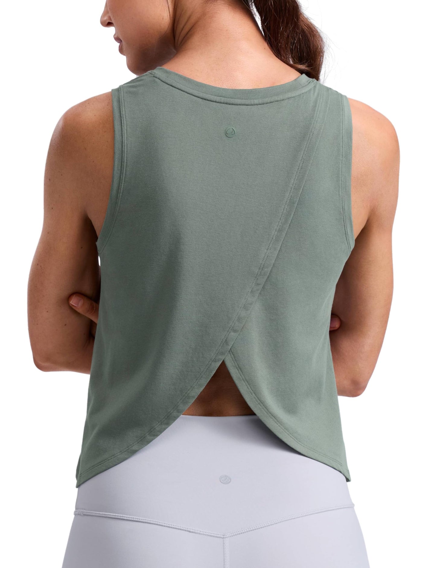 CRZ YOGA Cotton-Blend Split Open Back Tank Tops for Women - Workout Athletic Gym Casual Crewneck Sleeveless Shirts Grey Sage Medium