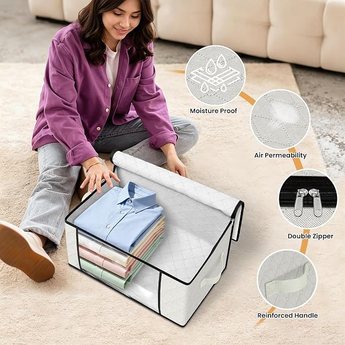 Fab totes 35L Closet Organizers and Storage, Foldable Under Bed Storage Containers, Storage bags for Organizing Bedroom, Closet, Clothing,Organization with Handle (3 Pack,Ivory)