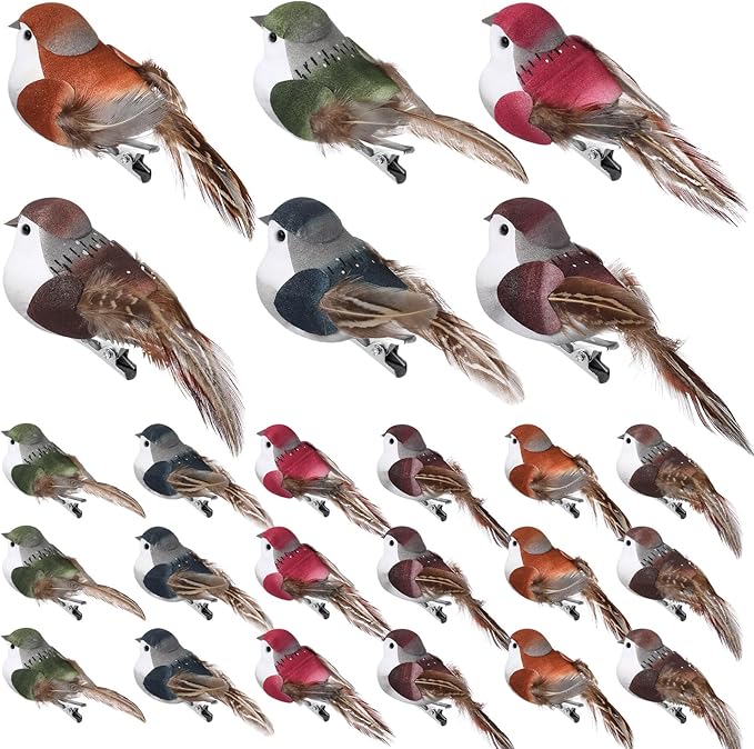 24 Pieces Fake Birds 3.9 Inch Foam Feather Artificial Birds Decorative Sparrow Realistic Ornaments for Christmas Tree Decoration Wreaths Craft Seasonal Displays(Multicolor,Sparrow)