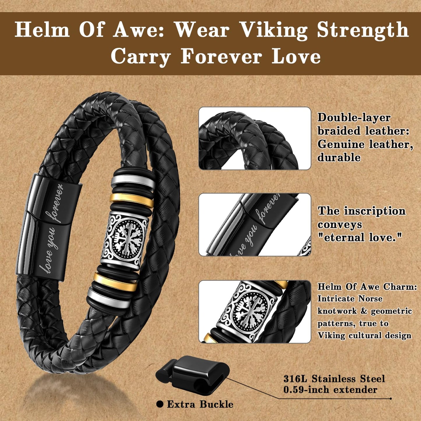 leejory Viking Bracelet for Men, Double-Row Braided Genuine Black Leather Cuff Wristband Norse Compass Symbol Vegvisir Bracelets, Nordic Jewelry Religious Pagan Amulet Gift for Mens Teen Grandson Son