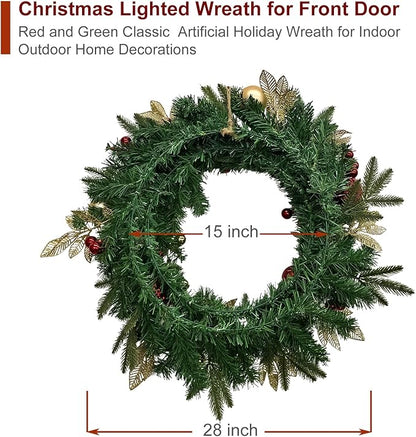 Christmas Lighted Wreath for Front Door, 28 Inches Pre-Lit 35 LED Lights, Red and Green Classic Artificial Holiday Wreath for Indoor Outdoor Home Decorations