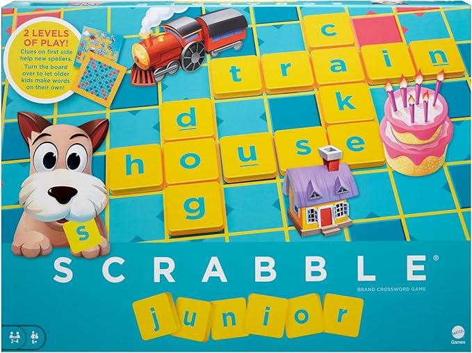 Mattel Games Scrabble Junior Kids Crossword Game with 2-Games-in-1 2-Sided Game Board for 2 to 4 Players Ages 6 to 10 Years Old Y9667