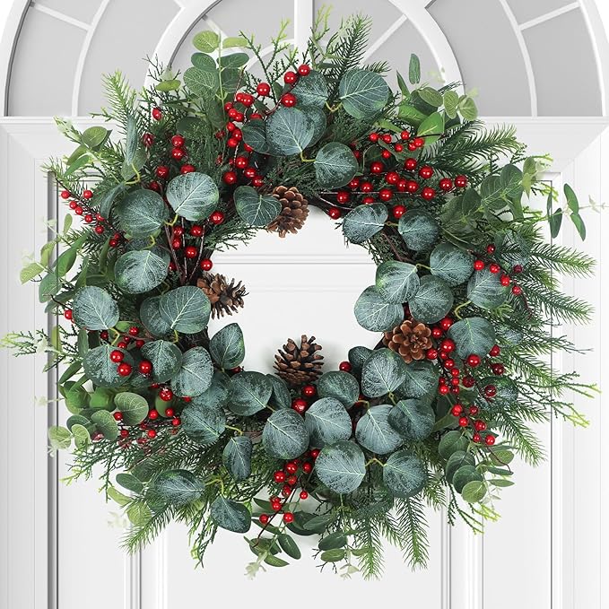 Spring Wreaths for Front Door,Boxwood Wreaths for Indoor and Outdoor Wedding Decorations,Spring Wreath with Pine Cones and Leaves,Berries,Eucalyptus Leaves for Home Decor