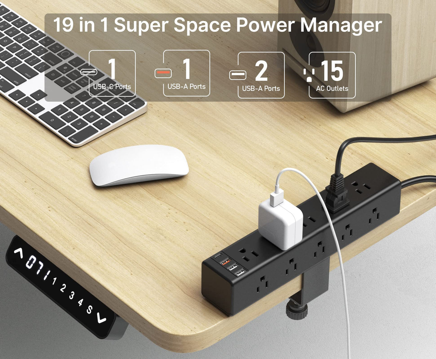 CCCEI Standing Desk Clamp Power Strip with 15 Outlets, Widely Spaced Desktop Edge Mount Surge Protector Outlet, Fast Charging USB-A and USB-C Ports, 6 FT Flat Plug, Black Fit 1.6 inch Table top.