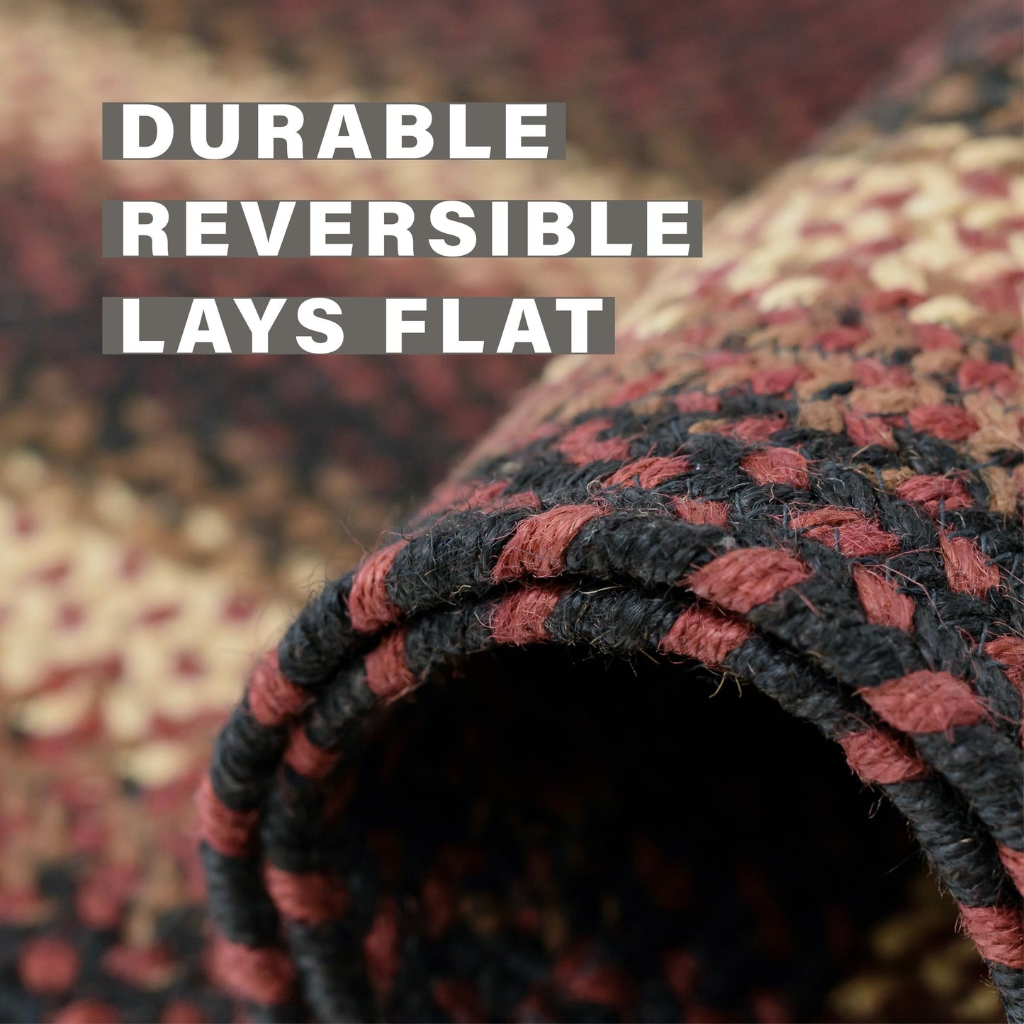 Oval Jute Braided Rug – All Natural Fiber 20" x 30" Area Rug, Made with Natural Jute Twine – A Reversible Rug for Rustic Home Décor – Homespice Prescott Oval Jute Rug 20" x 30" with Black, Red, Brown
