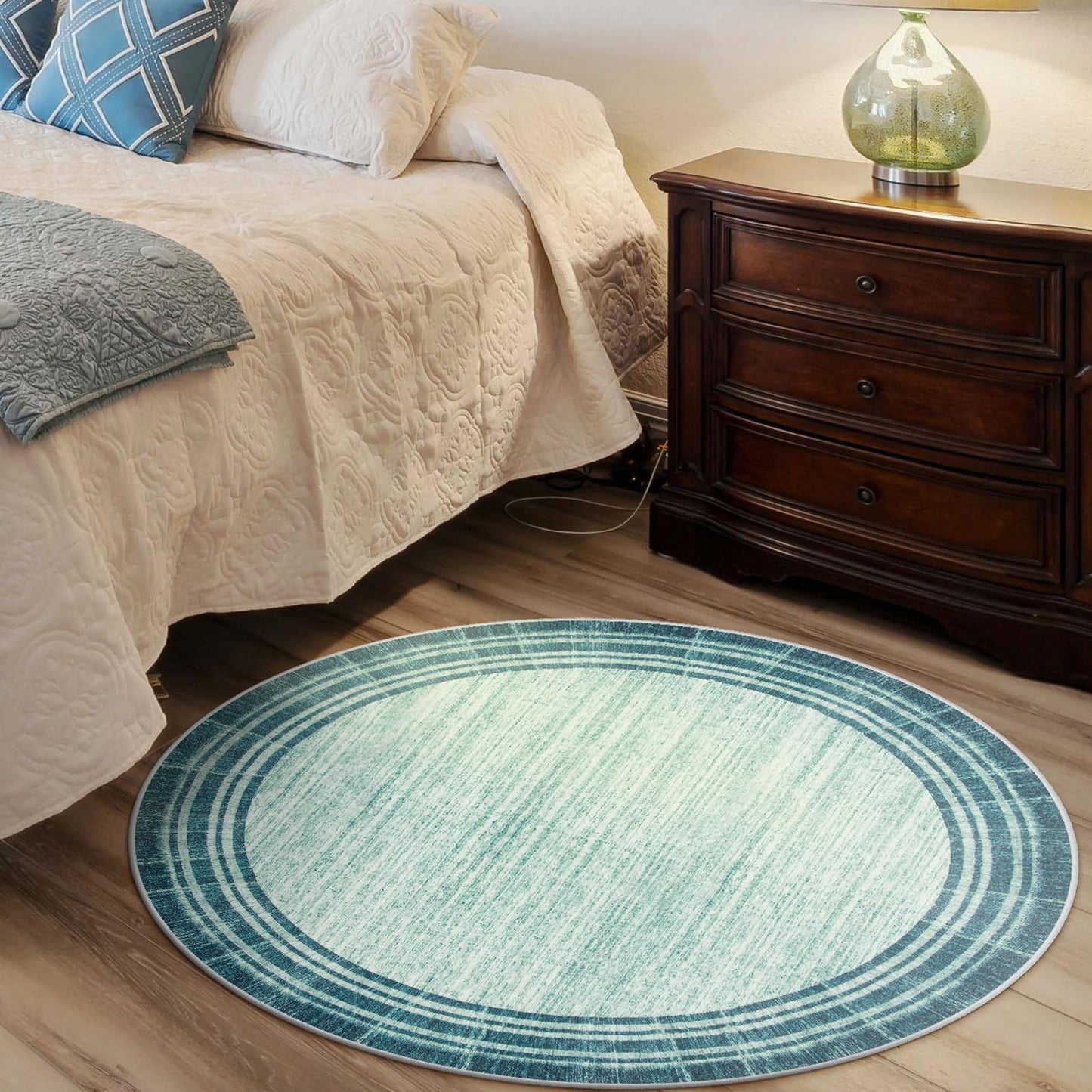 Lahome Amabel Abstract Round 4ft Entryway Rug, Washable Teal Entry Rugs Non Slip Circle Kitchen Carpet, Minimalist Border Dining Room Rug Indoor Room Carpet for Under Chair Coffee Table Entrance Mats