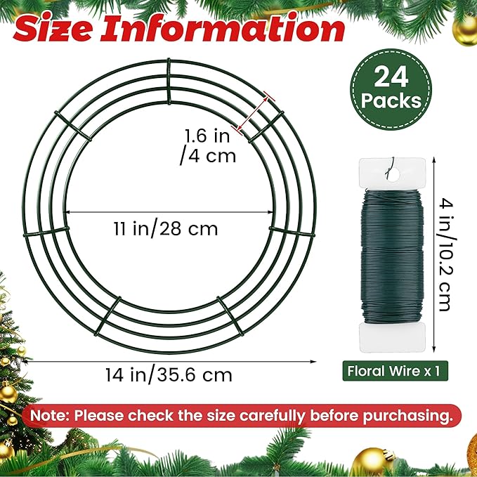 Fovths 24 Pack Christmas Wire Wreath Ring 14 Inches Metal Wire Wreath Frame with Floral Wires Green DIY Floral Crafts for Xmas Halloween New Year Holiday Valentines Day Decor
