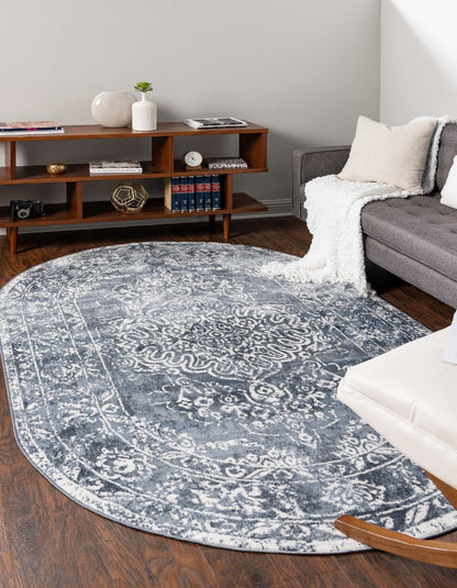 Unique Loom Oxford Collection Area Rug - Bodleian (4' 1" x 6' 1" Oval, Blue/ Ivory)