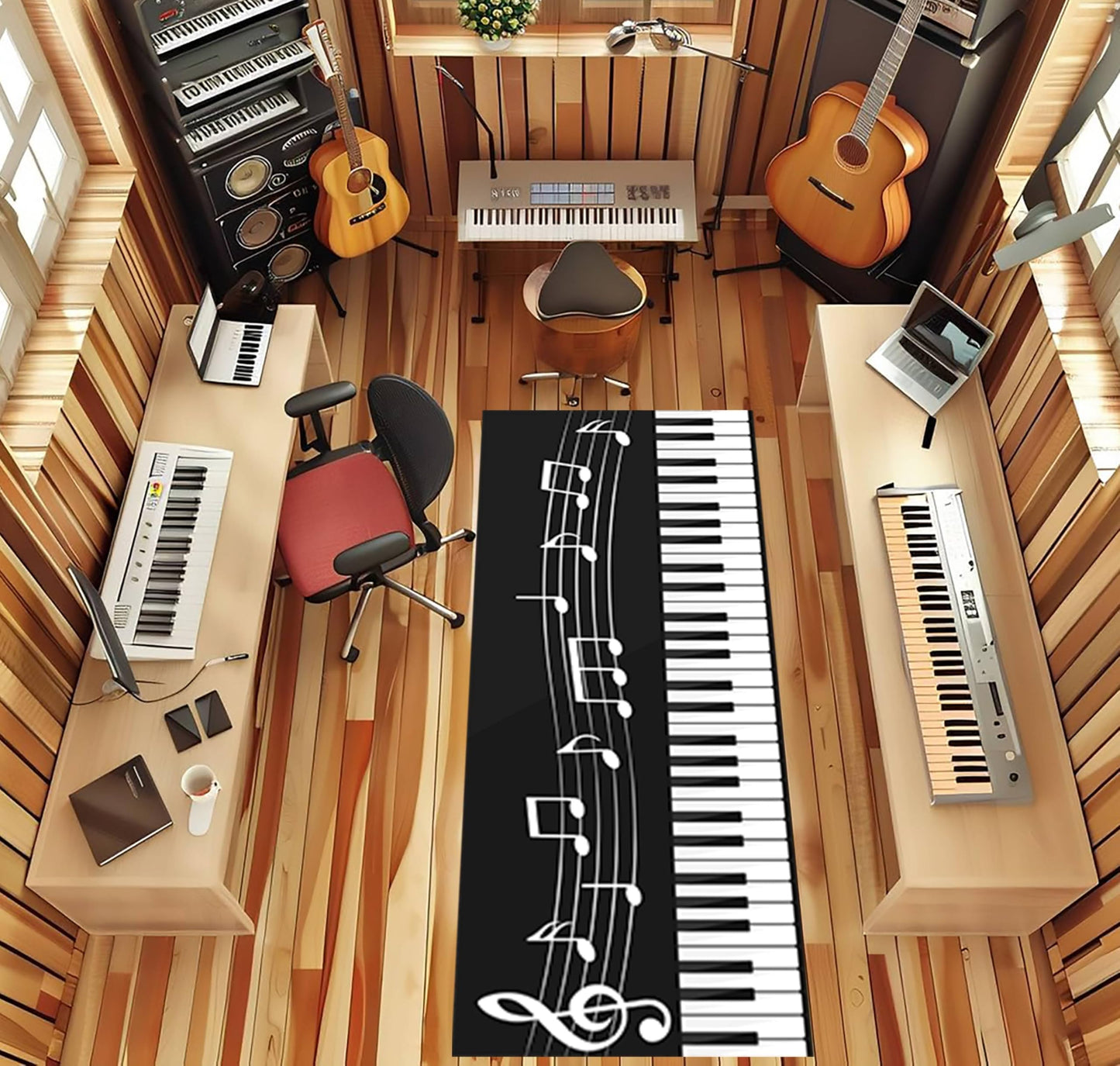 Musical Note Runner Rug, 1.3x7ft, Piano Rug Sheet Music Pattern Music Lovers Non-Slip Carpet, Black White Music Themed Carpet Aisle Rugs for Living Room Bedroom Kitchen Foyer