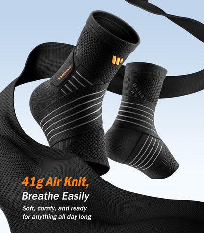 WHCOOL Low-Profile Ankle Braces for Women & Men, Customizable Ankle Compression Sleeve w/Wide Strap, Foot Support Wrap for Plantar Fasciitis Pain Relief, Achilles Tendonitis, Sprain, Black, 1 Pair, L