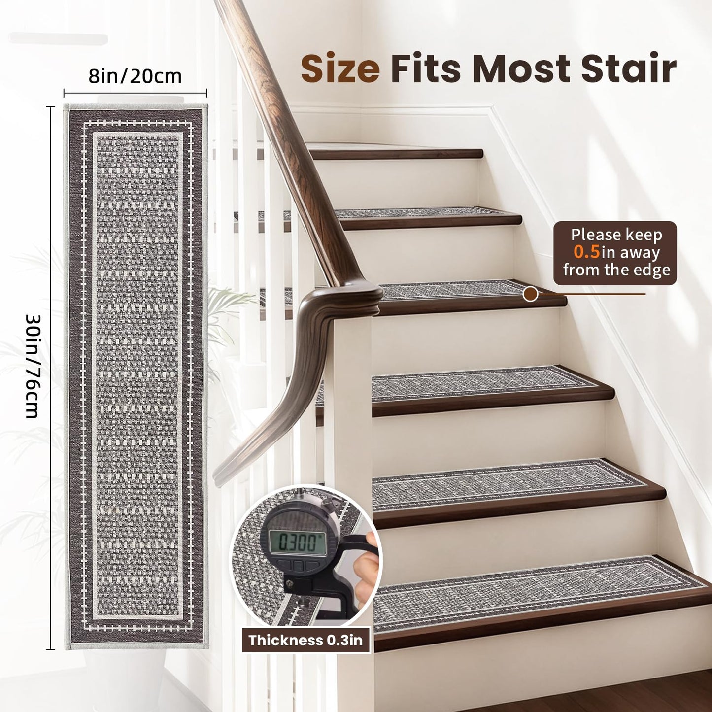Mollydot Stair Treads Non Slip 15PCS - 8"x30" Indoor Stair Runners for Wooden Steps, Soft Carpet Stair Treads, Edging Stair Rugs, Peel and Stick Stair Treads Washable Reusable Self-Adhesive (Grey)