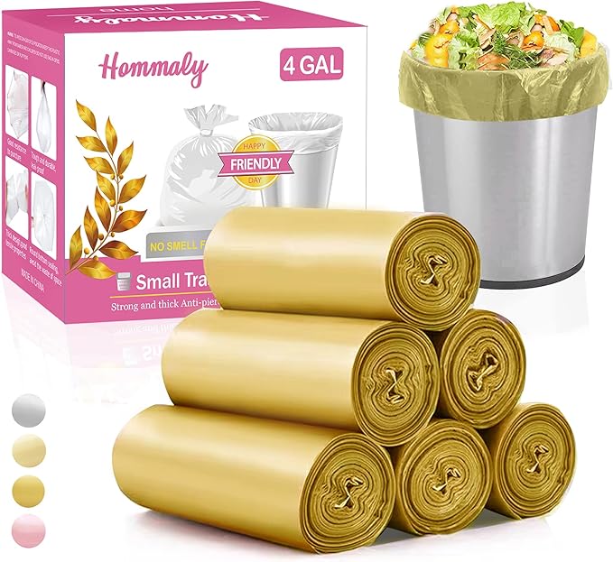 4 Gallon 180pcs Small Gold Trash Bags Strong Golden Garbage Bags, Bathroom