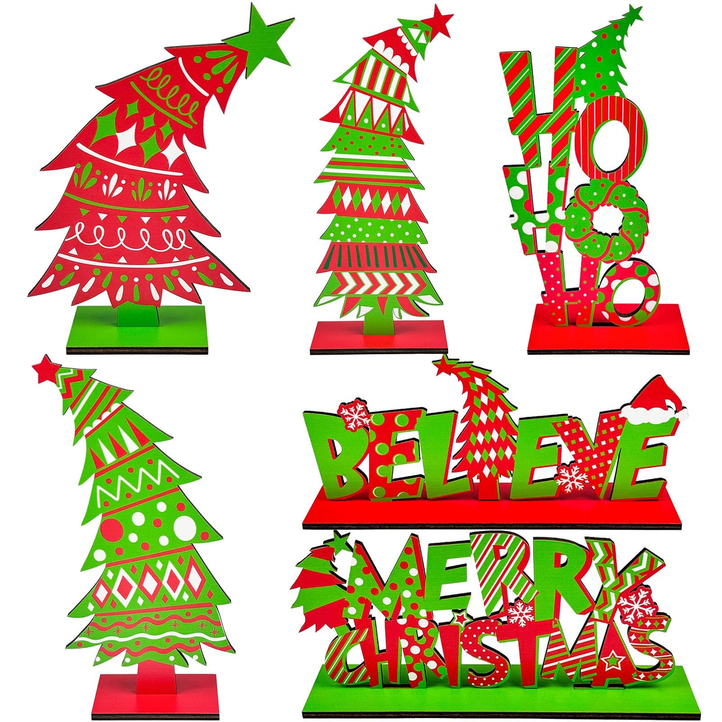 Cinrobiye 6 Pcs Christmas Table Decorations, Red Green Whoville Crooked Christmas Tree Centerpieces Farmhouse Wood Xmas Tabletop Xmas Signs for Home Mantel Fireplace Holiday Party Supplies Decor