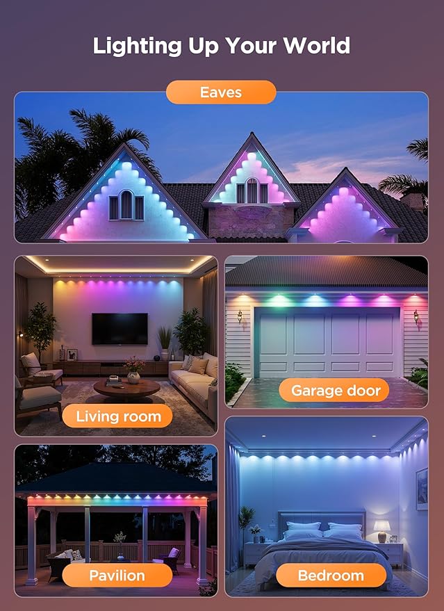 SmartDawn-Permanent-Outdoor-Lights, 100FT 64 Bulbs RGBIC LED Outdoor String Lights, DIY Scene Mode, IP68 Waterproof Christmas Lights for Daily Decor, House Roof, Holiday Decorations, Outside