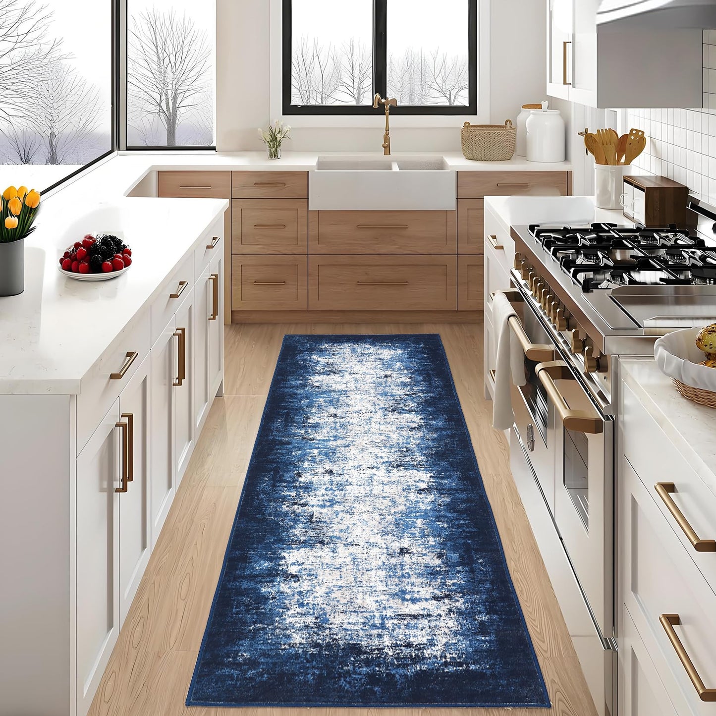 GarveeHome Machine Washable Runner Rugs 2x6 Non-Shedding Abstract Hallway Rug with Non-Slip Backing, Foldable Contemporary Low Pile Floor Cover for Bedroom, Laundry, Blue