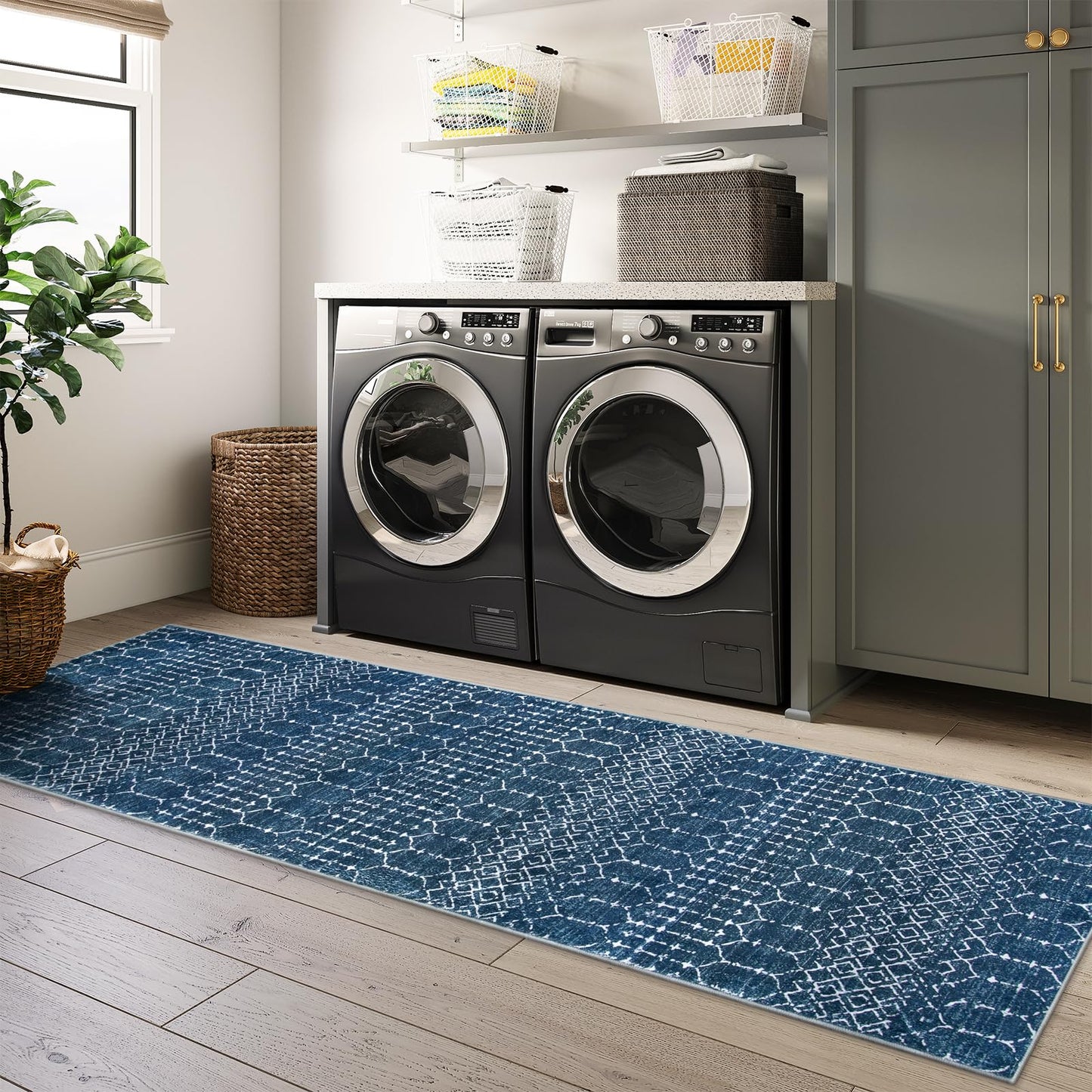 Lahome Moroccan Washable Kitchen Runner 2x8 Carpet Runners for Hallway 8Ft Low-Profile Non-Slip, Indoor Geometric Print Distressed Rug for Entryway Laundry Room Foyer Hana, Blue