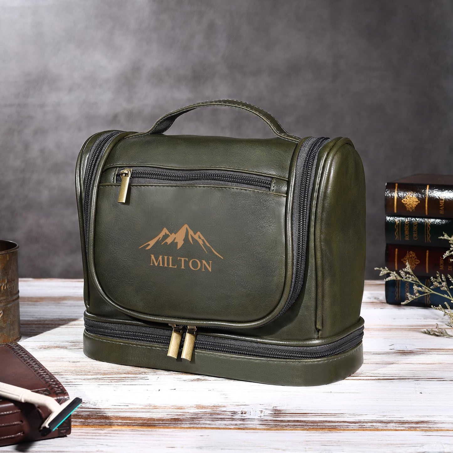Zeekisfia Personalized Toiletry Bag for Men, Custom Engraved Travel Dopp Kit Bag, Customized Name Initials Gift for Dad, Boyfriend, Husband Father's Day, Wedding, Birthday(Green)