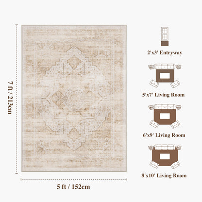 5x7 Washable Vintage Area Rug - Distressed Medallion Rugs Non-Slip Soft Stain Resistant Carpets for Living Room Bedroom Playroom Dining Room Office, Beige