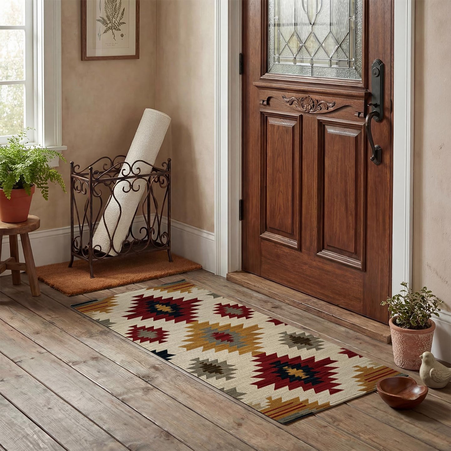 Artoid Mode Non Slip Washable Diamond Pattern Retro Doormat, Home Decor Absorbent Natural Rubber Back Home Decor Door Mat Floor Mat 17x47 Inch