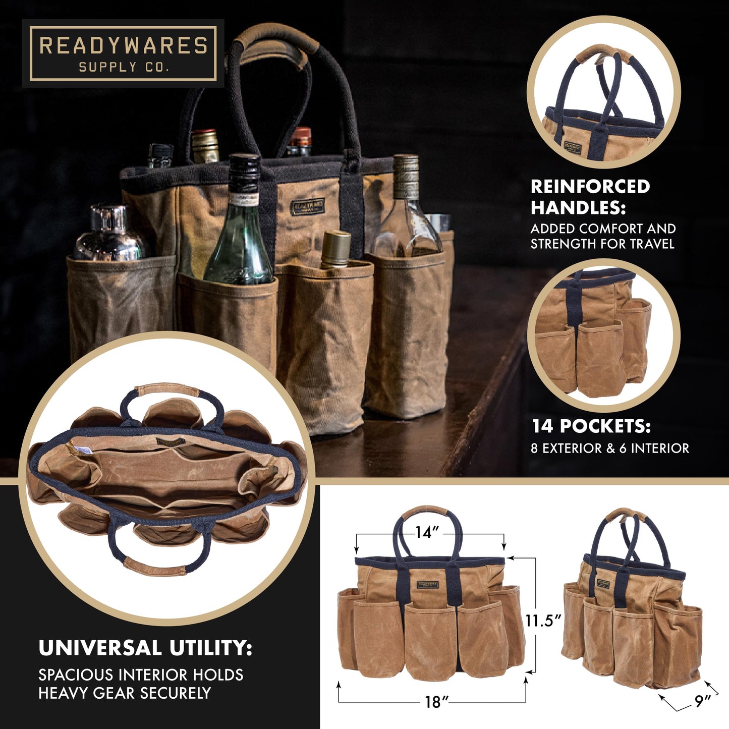 Readywares 14" Waxed Canvas Supply Bag/Garden Tool Tote/Cleaning Organizer/Mobile Bar/Versatile Storage Tote With Pockets/Utility Bag with Heavy Duty Handles