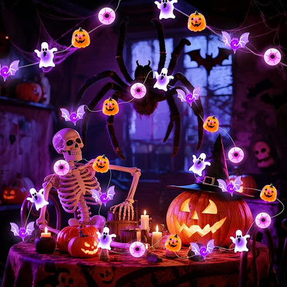 Halloween String Lights, 16 ft 50 LED Pumpkin Bat Eyes Ghost Battery Operated Lights for Lawns Garden Outdoor Holiday Party Halloween Decorations (2 Pack)