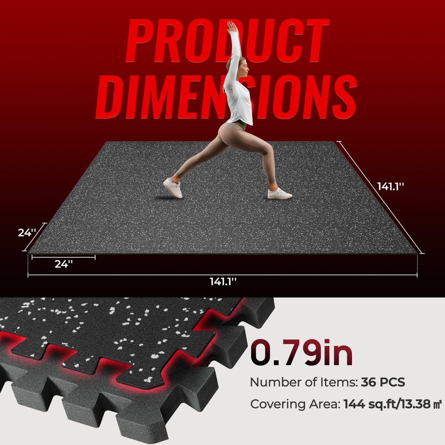 SUPERJARE 0.79'' Extra-Thick Exercise Equipment Mats, 36 Pcs 144 Sq Ft Rubber Top Floor Tiles with High Density EVA Foam, Interlocking Gym Flooring for Home Gym, Workout Mat, Black/Grey