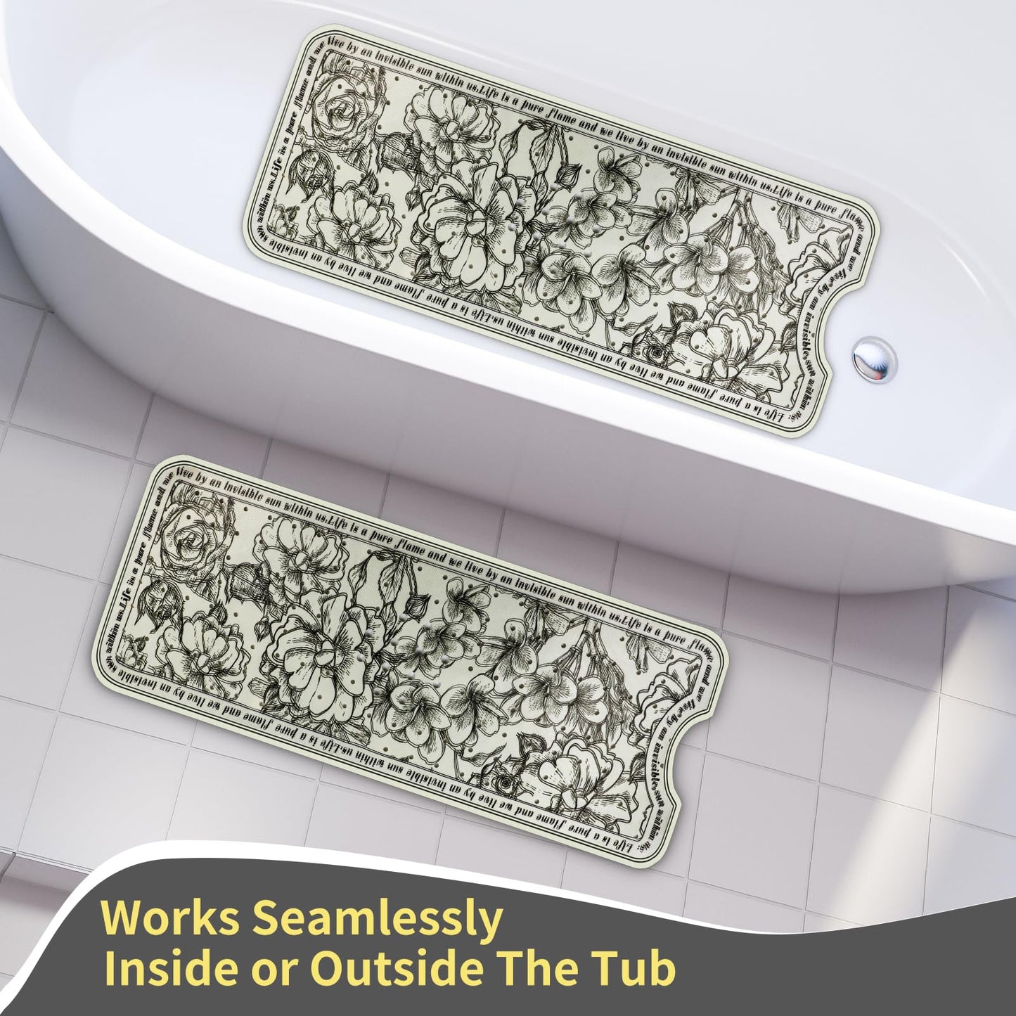 HONEYYEAR Non-Slip Large Bathtub Mat - 39.4"x15.8" with 200 Suction Cups, Massage Pebble Design & 176 Drain Holes, Safe Shower Mat for Elderly, Kids, Spa, Machine Washable, Floral Pattern