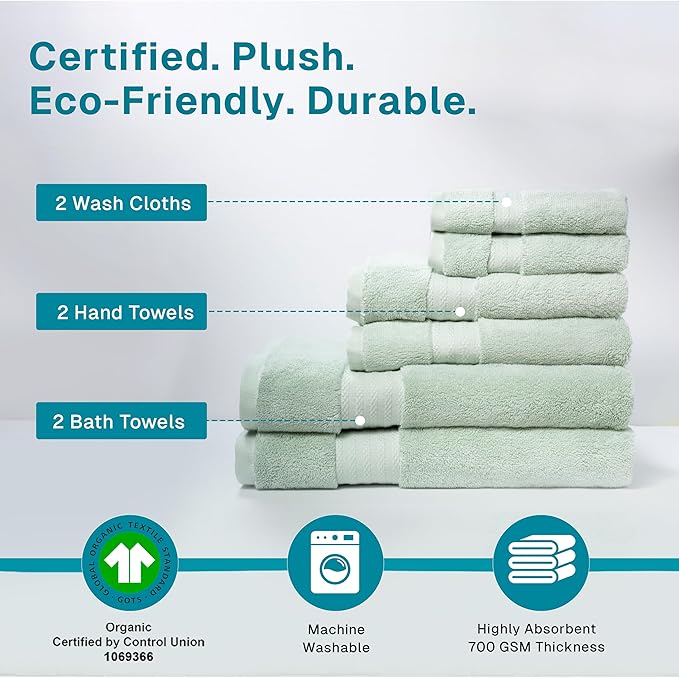 Fabdreams 100% Organic Cotton Bath Towel Set of 6 700 GSM Hotel Premium Plush