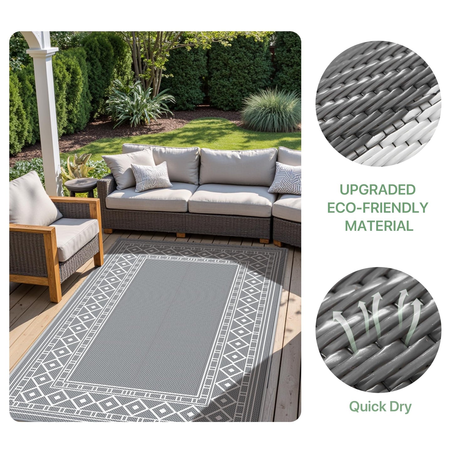 GENIMO Outdoor Rug Waterproof for Patio Decor, 5'x8' Reversible Plastic Straw Area Carpet, Camping Outside Mat for Outdoor, RV, Deck, Camper, Balcony,Picnic Grey & White