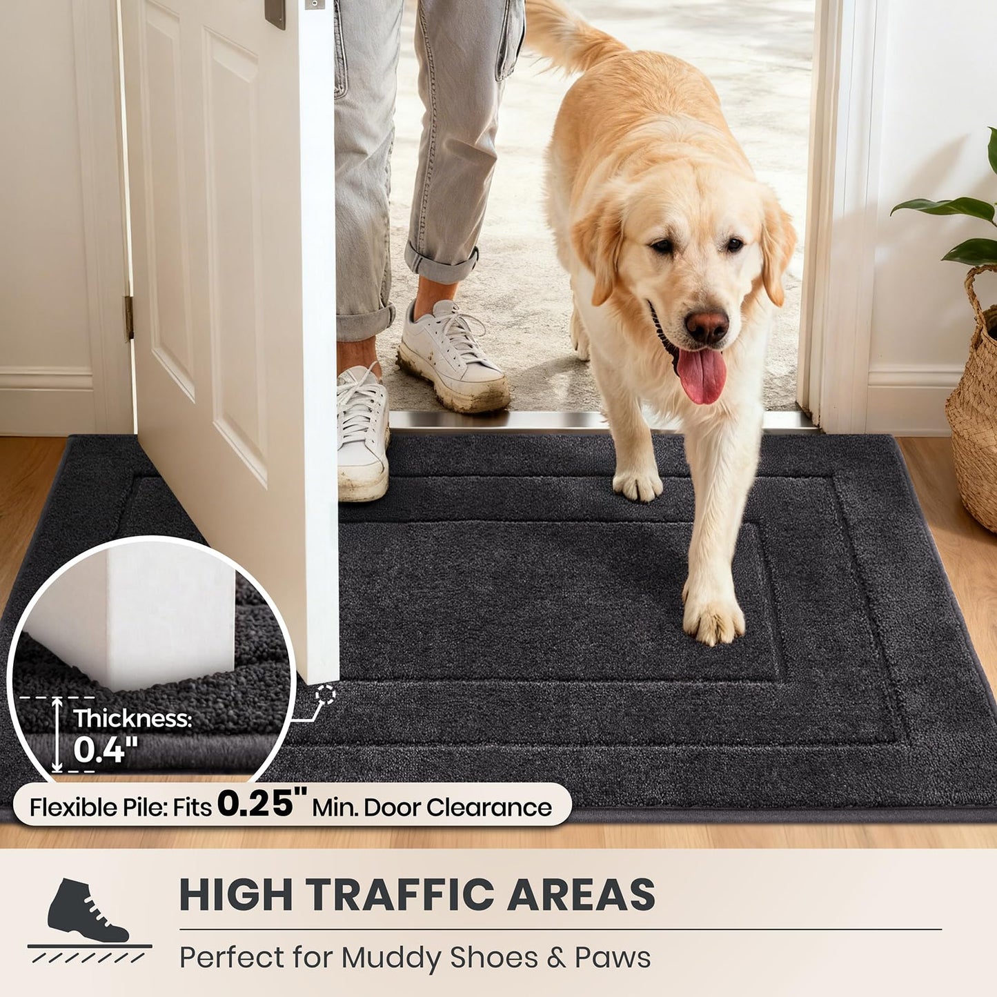 PURRUGS Dirt Trapping Door Mat 20" x 31.5", Non-Slip/Skid Machine Washable Entryway Rug, Dog Doormat, Super Absorbent Welcome Mat for Muddy Wet Shoes and Paws, Charcoal