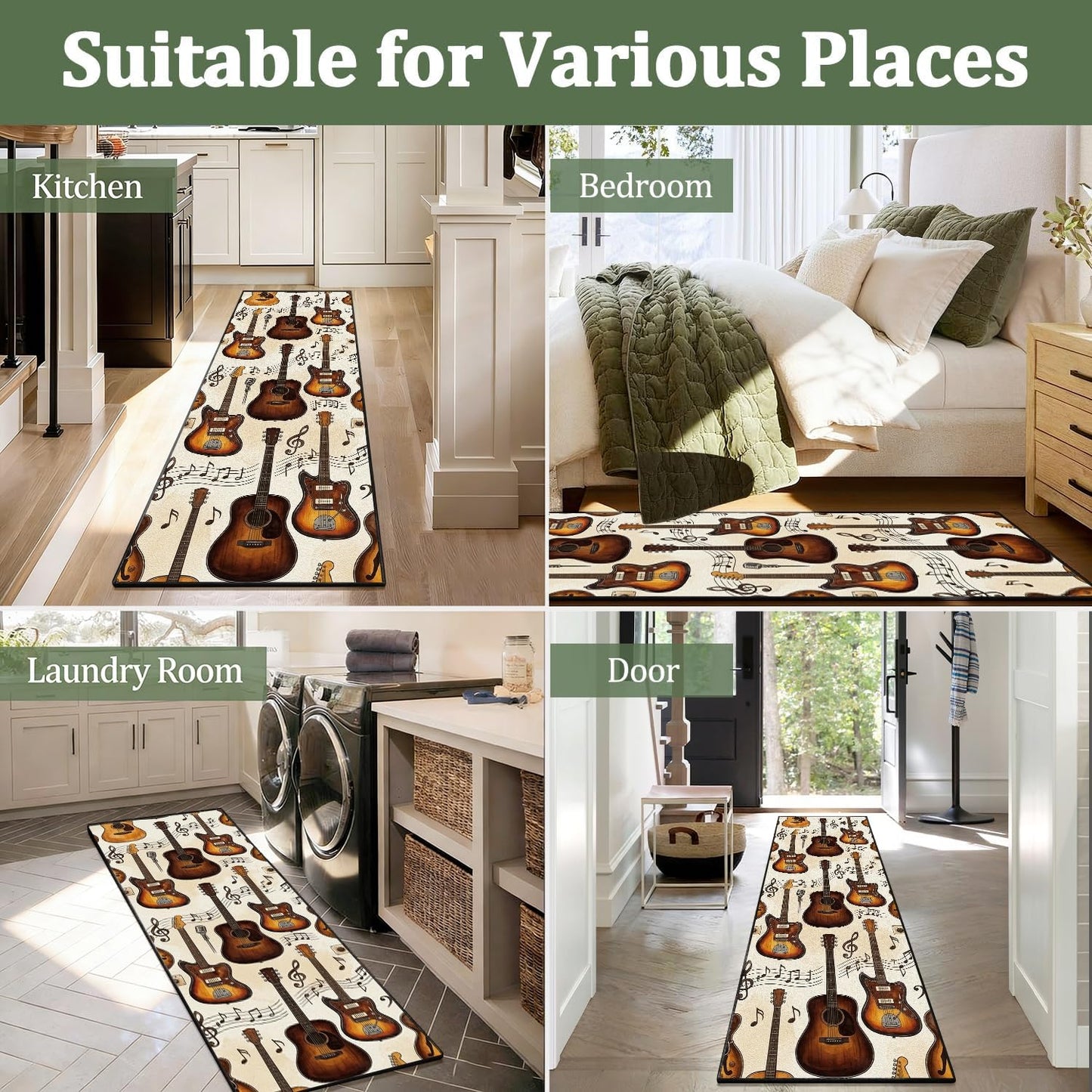 Vintage Guitar Runner Rug, 2x7ft American Style Studio Rug Musical Note and Acoustic Guitar Instrument Design, Musical Carpet for the Bedroom, Living Room, Classroom, Study, or Play Area