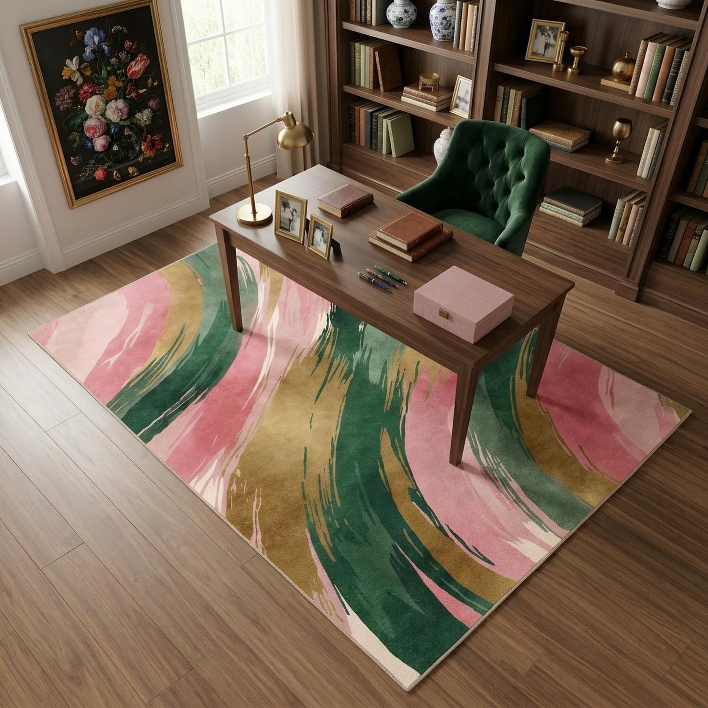 BreezeRise 5x7 Area Rugs for Living Room: Boho Pink and Green Gold Modern Abstrac Rug Brushstroke Gradient Washable Non-Slip Backing for Living Room Bedroom Leisure Area Decor