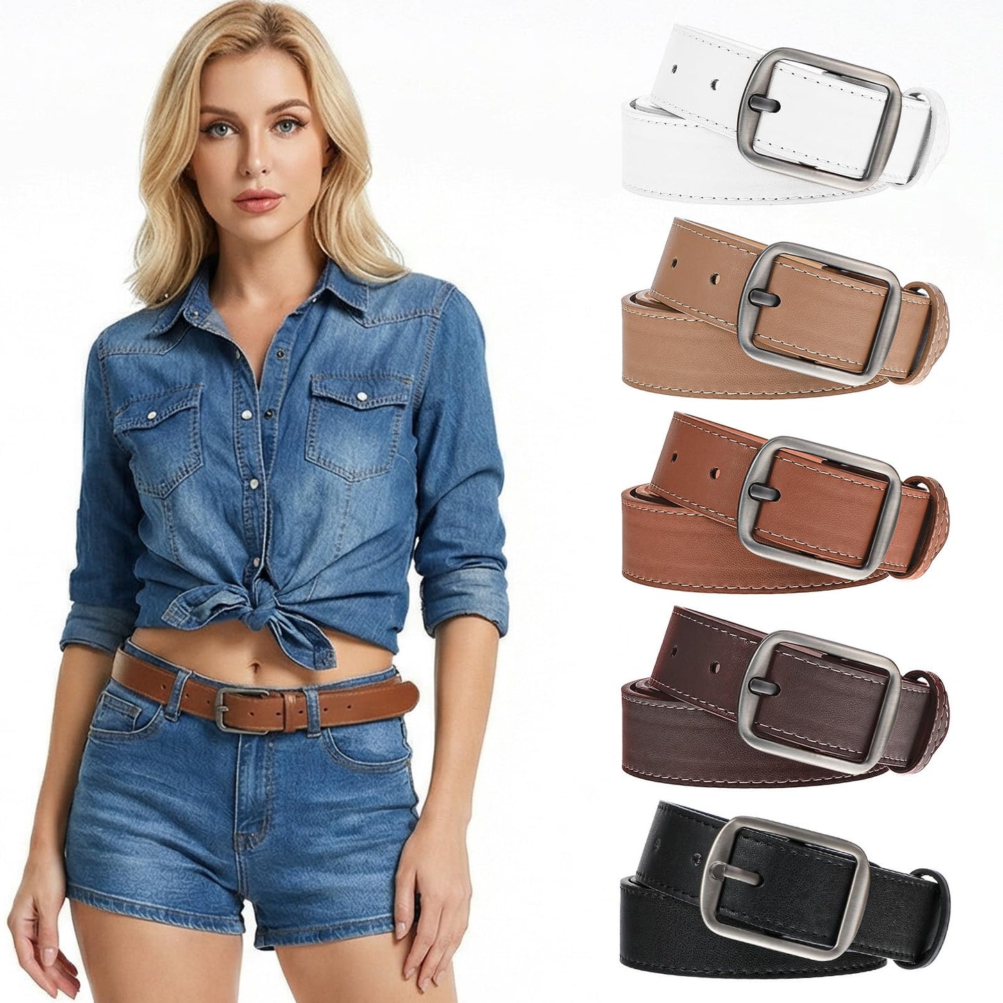 Douaowoc 5 Pack Women Leather Belts for Jeans Ladies Waist Belt Women's Belt with Pin Buckle with Slive Buckle for Pants Dress