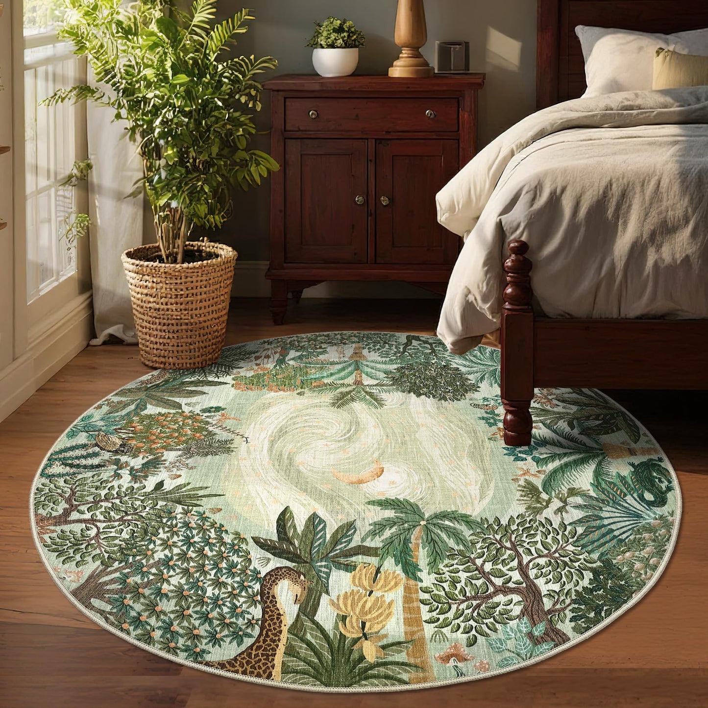 GarveeHome Round Area Rugs 6ft for Bedroom, Green Jungle Washable Circle Rug Soft Non Slip Forest Animal Print Floor Mat Tiger Carpet Indoor Thin Rug for Living Room Dining Room Playroom Nursery