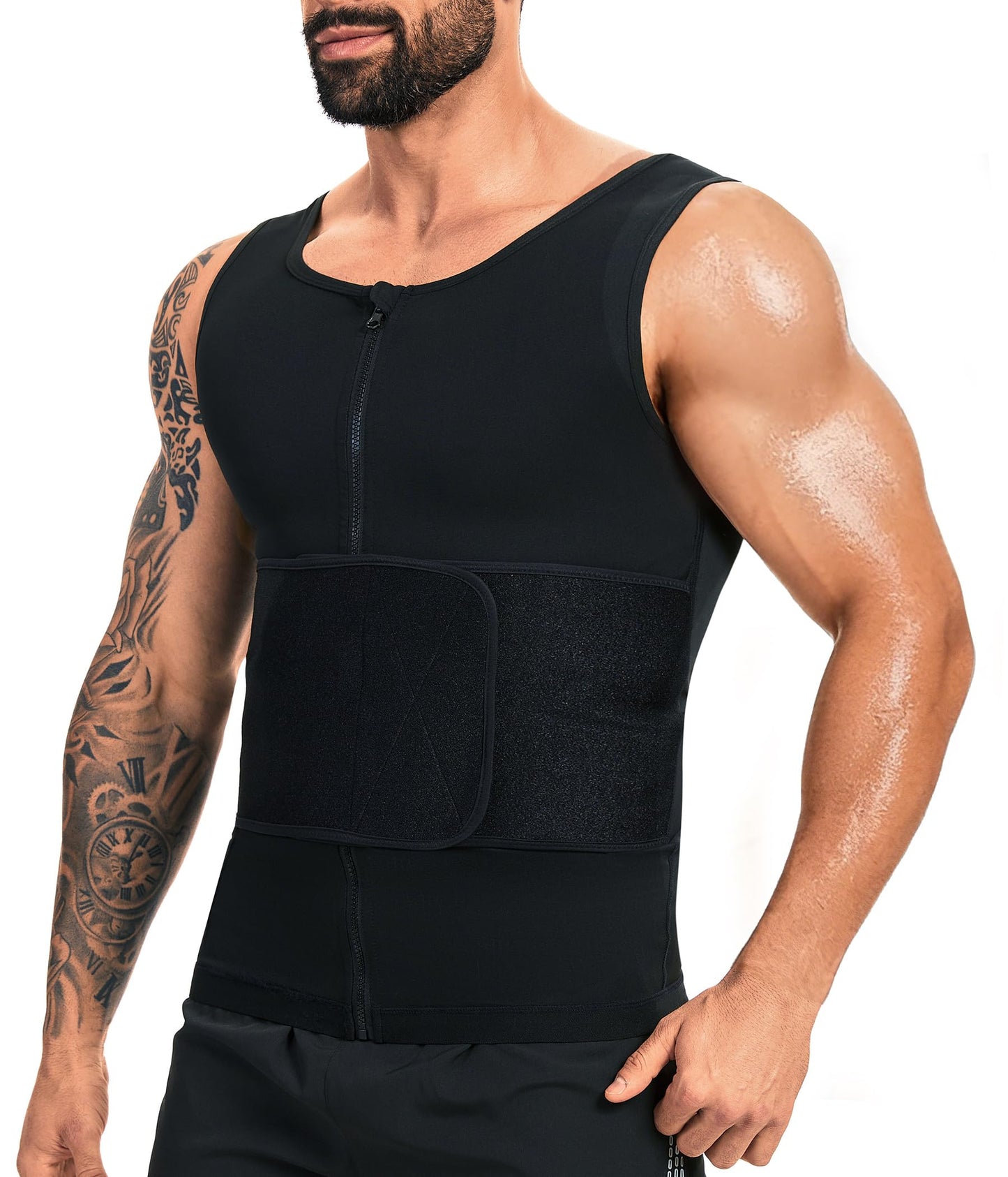 FUXERT Sauna Vest for Men Waist Trainer Sauna Shirt for Men Zipper Sweat Belt Tank Top for Belly Fat(BK L/XL)
