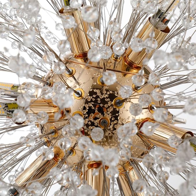 Firework Modern Chandelier, 9 Lights Sputnik Chandeliers for Dining Room, Dandelion Crystal Chandeliers for Entryway, Gold Chandelier Light Fixture for Bedroom