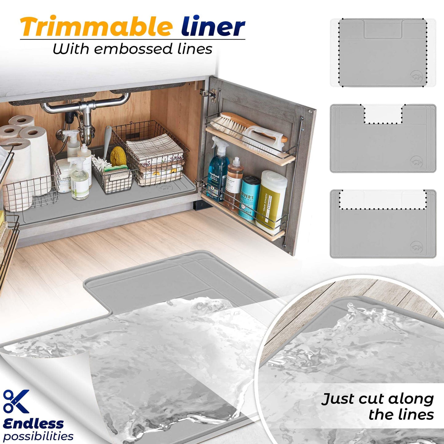The Original Under Sink Mat - Silicone Waterproof mat, Trimmable, Easy to Clean, Kitchen cabinet liner, Under sink protector mats, Drip Tray with Lip - 34" x 22" or smaller