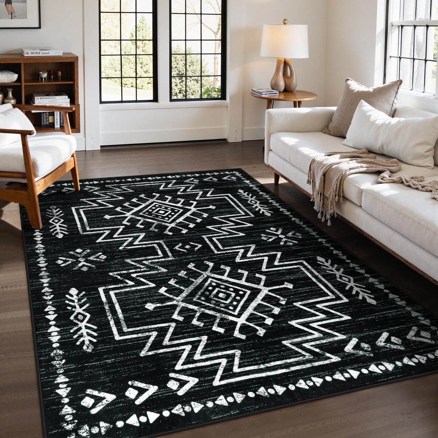 Lahome Vivienne 5x7 Western Black and White Rugs for Living Room, Washable Soft Aztec Rug for Bedroom, Boho Low Pile Distressed Moroccan Carpet for Dining Room Home Decor