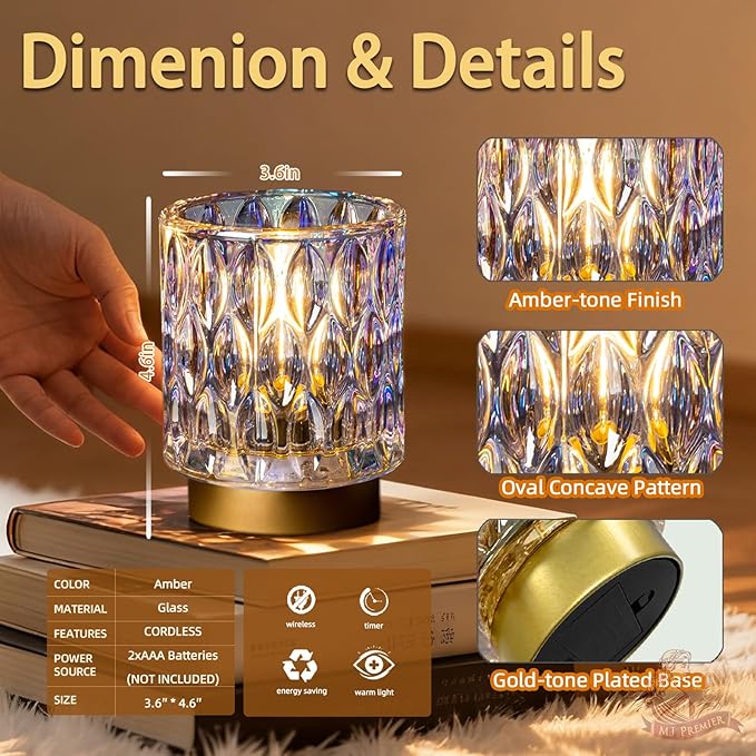 Battery Operated Table Lamps Timer, Mini Crystal Lamp for Area No Plug, Cordless Lamp with LED Bulb for Power Outage, Decorative Lamps for Tabletop/Corner/Entryway/Stairway/Bathroom/Fireplace (PEARL)