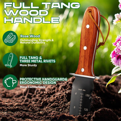 EZUVITA Hori Hori Garden Knife, Gardening Tools with Leather Sheath for Weeding, Gardening, Digging, 7” Stainless Steel Blade with Black Electrophoresis Coating, Double Cutting Edge, Full Tang Wood Handle with Hanging Hole, Fathers Day Gift