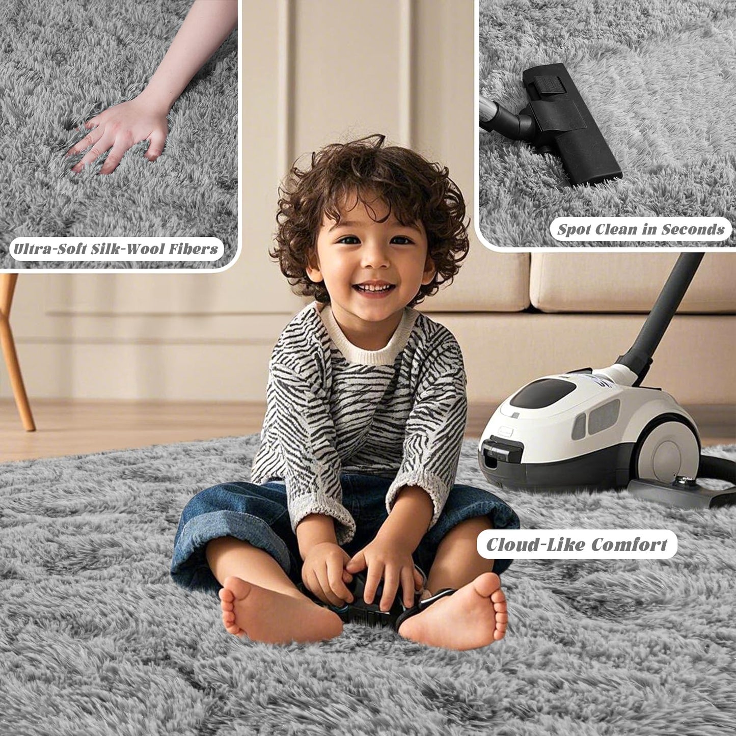 Grey Rugs for Bedroom 5x7 ft - Ultra Soft Faux Fur Area Rug - Plush Non-Slip Shaggy Carpet for Living Room, Cozy Fluffy Rug for Kids Boys Girls Dorm Nursery Room, High Pile Floor Carpet