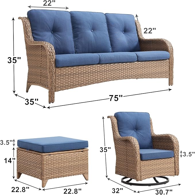 Rilyson Patio Furniture Swivel Chairs Set - 6 PC Wicker Rattan Outdoor Sectional Conversation Sets with 2 Rocking Chair,2 Ottoman and 2 Sofa for Porch Deck Garden(Yellow/Blue)