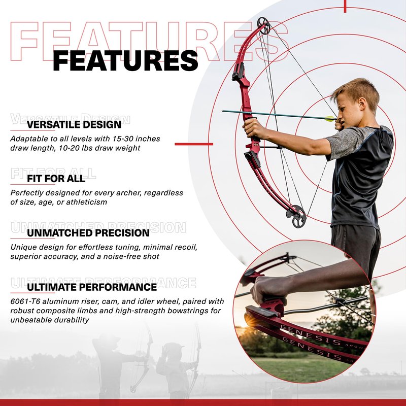 Genesis Original Compound Bow & Arrow Kit- Adjustable Riser, 15"-30" Draw Length, 10-20 lb Draw Weight, All Skill Levels, Draw Hand - Right, Red