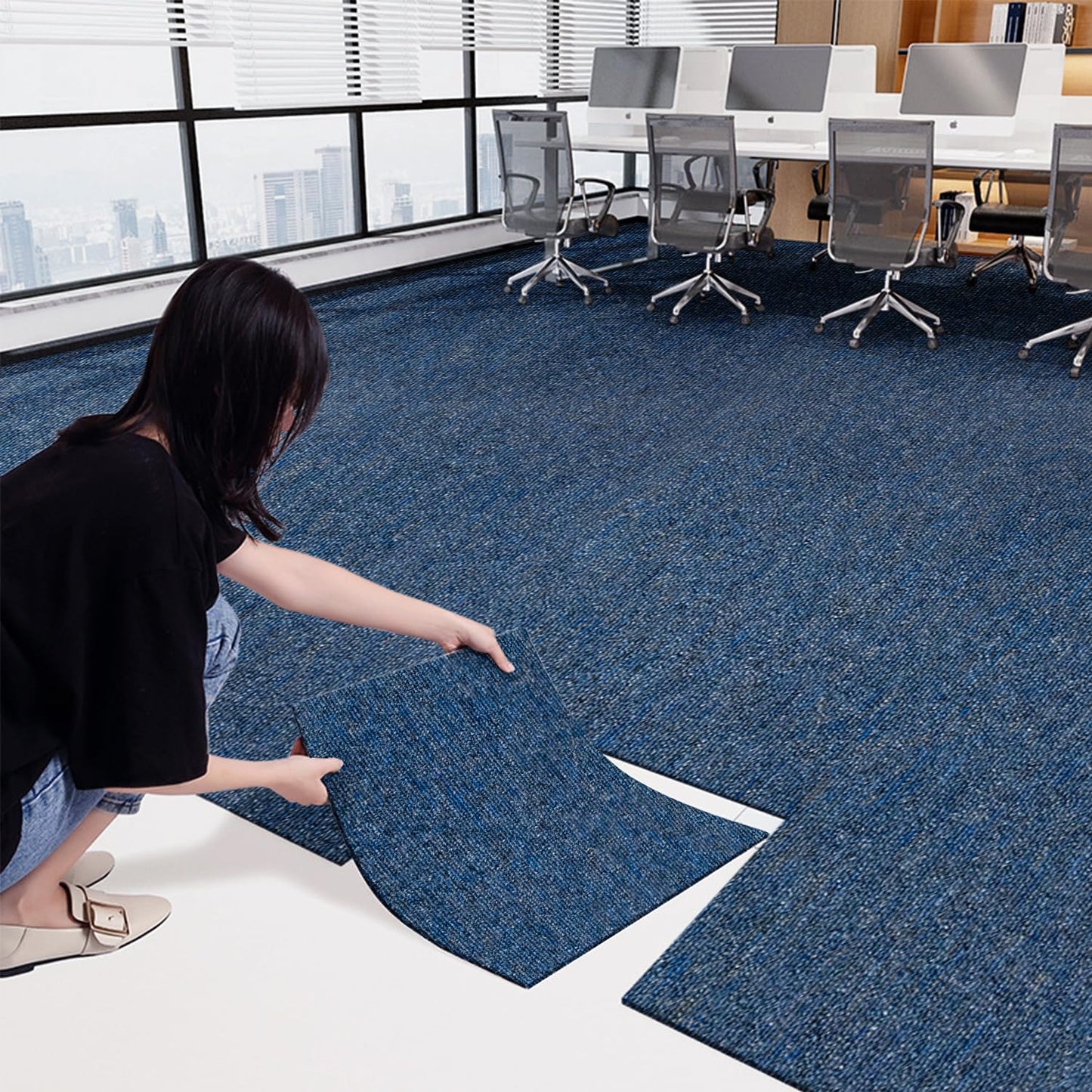 uyoyous 20 Pack Commercial Carpet Tiles, 20'' x 20'' Reusable Carpet Squares with Stickers, 53.8 Sq Ft PVC Backed Carpet Floor Tiles for Home Office, Blue