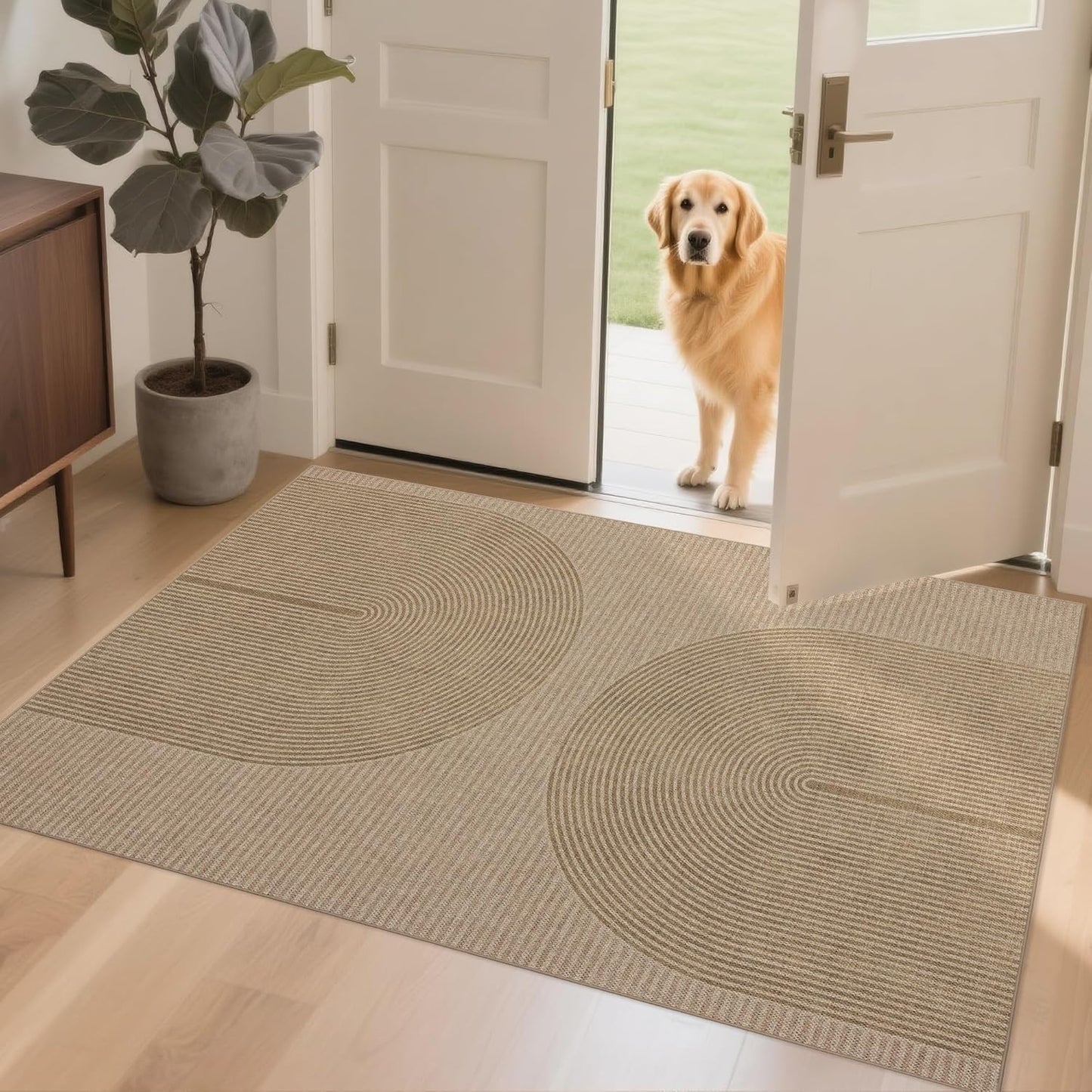 Easy Jute Rug 4x6 Outdoor: Natural Modern Area Rugs for Patio Porch Deck Linen-Look Fabric Durable - Neutral Washable Carpet for Entryway Living Room Bedroom Indoor Non Slip - Geometric Arch Pattern