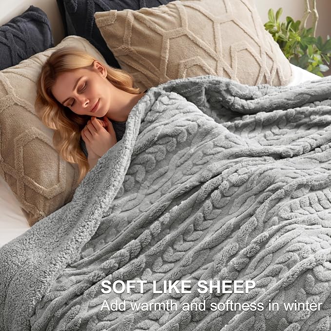 PHF Fluffy Sherpa Blanket King Size for Winter, Warm and Soft, 510GSM 3D Jacquard Thick Shaggy Fleece Plush Blanket for Sofa Bed, Grey, 108"x90"