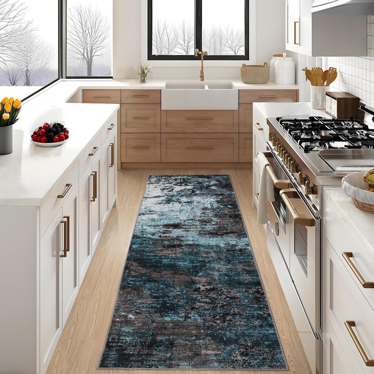 GarveeHome Washable Area Rugs 2x6 Non-Slip Abstract Runner Rugs, Ultra-Soft Low Pile Floor Cover, Stain Resistant Contemporary Indoor Floor Carpet for Hallway, Bedroom, Laundry, Blue Green