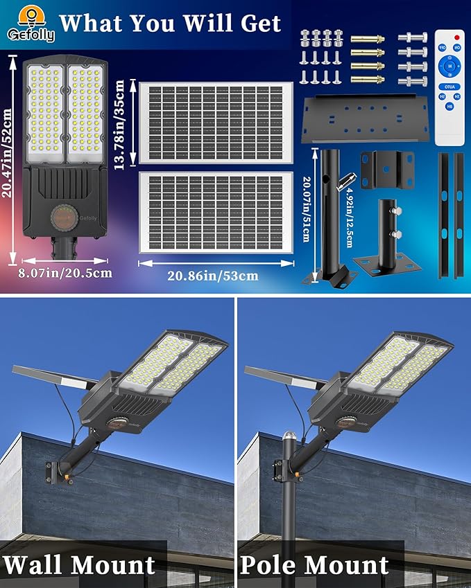 Gefolly SL-11000W Solar Street Light Outdoor 700000LM Commercial Parking Lot Lights Dusk to Dawn 6500K Flood Security Light IP67 Lamp with Motion Sensor for Basketball Court, Yard, Road